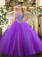 Perfect Purple Ball Gowns V-neck Sleeveless Tulle Floor Length Lace Up Beading Quinceanera Gown