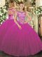Beautiful Fuchsia Ball Gowns Scoop Cap Sleeves Tulle Floor Length Lace Up Beading and Appliques Quince Ball Gowns