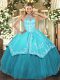 Discount Aqua Blue Sleeveless Floor Length Beading and Embroidery Lace Up Sweet 16 Quinceanera Dress