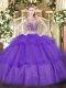 Tulle Scoop Sleeveless Lace Up Beading and Ruffled Layers Quinceanera Gowns in Purple