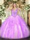 Floor Length Lilac Quinceanera Dresses Organza Sleeveless Beading and Ruffles