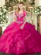 Floor Length Hot Pink Quinceanera Gown Tulle Sleeveless Beading and Ruffles
