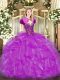 Charming Fuchsia Lace Up Sweetheart Beading and Ruffles 15th Birthday Dress Organza Sleeveless