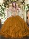 Brown Tulle Lace Up Sweetheart Sleeveless Floor Length Quinceanera Gowns Beading and Ruffles