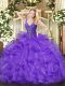 Nice Lavender Ball Gowns V-neck Sleeveless Organza Floor Length Lace Up Beading and Ruffles Sweet 16 Dresses