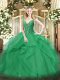 Custom Fit Floor Length Lace Up Quince Ball Gowns Turquoise for Military Ball and Sweet 16 and Quinceanera with Beading and Ruffles