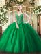 Green Ball Gowns Tulle V-neck Sleeveless Beading Floor Length Lace Up Vestidos de Quinceanera