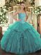 Traditional Turquoise Ball Gowns Tulle Sweetheart Sleeveless Beading and Ruffles Floor Length Lace Up Sweet 16 Dresses