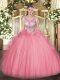 Elegant Scoop Sleeveless 15th Birthday Dress Floor Length Beading and Ruffles Watermelon Red Tulle