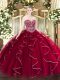 Wine Red Sleeveless Tulle Lace Up Quinceanera Gown for Military Ball and Sweet 16 and Quinceanera