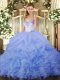 Glorious Floor Length Lavender Sweet 16 Quinceanera Dress Organza Sleeveless Beading and Ruffles and Pick Ups