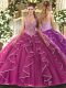Straps Sleeveless Lace Up Quinceanera Gowns Fuchsia Tulle
