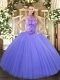 Great Lavender Tulle Lace Up Halter Top Sleeveless Floor Length Vestidos de Quinceanera Beading and Embroidery
