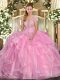 Beauteous Rose Pink Sleeveless Appliques and Ruffles Floor Length Sweet 16 Dress