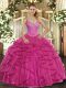 Affordable Hot Pink Ball Gowns V-neck Sleeveless Tulle Floor Length Lace Up Beading and Ruffles Quinceanera Dress