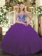 Exquisite Floor Length Lace Up Quince Ball Gowns Purple for Military Ball and Sweet 16 and Quinceanera with Beading
