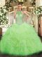 Latest Halter Top Sleeveless Organza Sweet 16 Quinceanera Dress Beading and Ruffles and Pick Ups Lace Up