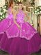 Customized Halter Top Sleeveless Lace Up 15th Birthday Dress Fuchsia Satin and Tulle