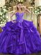 Sleeveless Lace Up Floor Length Embroidery and Ruffles Ball Gown Prom Dress