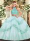 Great Apple Green Halter Top Neckline Beading and Appliques and Ruffles Quinceanera Gowns Sleeveless Criss Cross