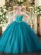 Clearance Teal Sleeveless Tulle Lace Up Quince Ball Gowns for Military Ball and Sweet 16 and Quinceanera