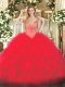 Captivating Red Sleeveless Organza Lace Up Quinceanera Dress for Military Ball and Sweet 16 and Quinceanera