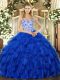 Royal Blue Ball Gowns Organza Straps Sleeveless Beading and Ruffles Floor Length Lace Up Ball Gown Prom Dress