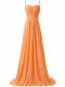 Excellent Orange Prom Dress Chiffon Sweep Train Sleeveless Ruching