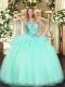 Sleeveless Floor Length Beading Lace Up Quince Ball Gowns with Aqua Blue