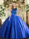 Exquisite Blue Scoop Neckline Appliques Quinceanera Gown Sleeveless Lace Up