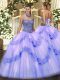 Unique Sleeveless Tulle Floor Length Lace Up Quinceanera Dress in Lavender with Beading and Appliques and Ruffles