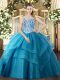 Floor Length Teal Ball Gown Prom Dress Tulle Sleeveless Beading and Ruffled Layers
