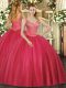 Beading 15 Quinceanera Dress Red Lace Up Sleeveless Floor Length
