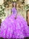 Organza High-neck Sleeveless Lace Up Beading and Ruffled Layers Ball Gown Prom Dress in Lavender