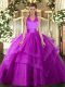 Sexy Fuchsia Sleeveless Floor Length Ruffled Layers Lace Up Vestidos de Quinceanera