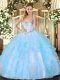 Smart Aqua Blue Sleeveless Tulle Lace Up Quince Ball Gowns for Military Ball and Sweet 16 and Quinceanera