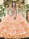 Sleeveless Floor Length Beading and Ruffled Layers Lace Up Sweet 16 Quinceanera Dress with Peach