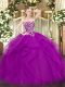 Modest Floor Length Fuchsia Vestidos de Quinceanera Tulle Sleeveless Beading and Ruffles