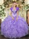 Delicate Floor Length Lavender Quince Ball Gowns Organza Sleeveless Beading and Ruffles