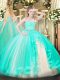 Glittering Floor Length Apple Green 15 Quinceanera Dress Tulle Sleeveless Beading and Lace and Ruffles