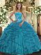 Modest Strapless Sleeveless Lace Up 15 Quinceanera Dress Teal Tulle