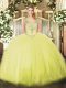 Yellow Green Ball Gowns Tulle V-neck Sleeveless Beading Floor Length Lace Up Ball Gown Prom Dress