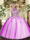 Admirable Floor Length Fuchsia Sweet 16 Dress Tulle Sleeveless Beading and Appliques