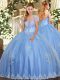 Unique Light Blue Lace Up Ball Gown Prom Dress Beading and Appliques Sleeveless Floor Length