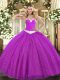 Sweetheart Sleeveless Sweet 16 Dress Floor Length Appliques Fuchsia Tulle