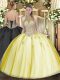 Fine Yellow Ball Gowns Beading and Appliques 15 Quinceanera Dress Lace Up Tulle Sleeveless Floor Length