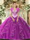 Shining Floor Length Lace Up Ball Gown Prom Dress Fuchsia for Military Ball and Sweet 16 and Quinceanera with Beading