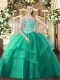 Turquoise Lace Up Sweetheart Beading and Ruffled Layers Ball Gown Prom Dress Tulle Sleeveless