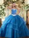 Baby Blue Ball Gowns Sweetheart Sleeveless Tulle Floor Length Lace Up Appliques and Ruffled Layers Quinceanera Gowns