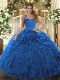 Dramatic Halter Top Sleeveless Lace Up Sweet 16 Dresses Blue Organza